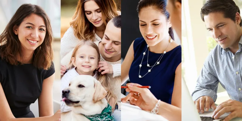 Collage of a woman, family, woman, and man