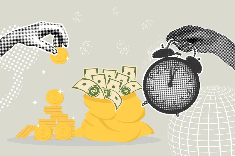 Coins, money bags, and a clock symbolizing saving and time management