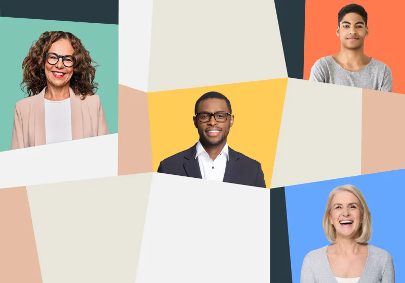 Collage of four professional individuals in business and casual attire, arranged in geometric panels with colorful backgrounds including green, orange, yellow, and blue, representing a diverse team concept.