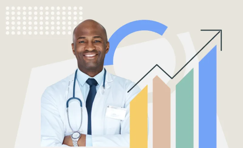 Illustration showing a healthcare professional silhouette in front of charts and an upward trend representing rising costs and performance insights.