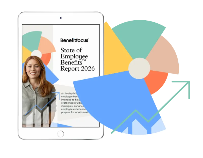 Tablet displaying the Benefitfocus State of Employee Benefits Report 2026 with abstract data visualizations.