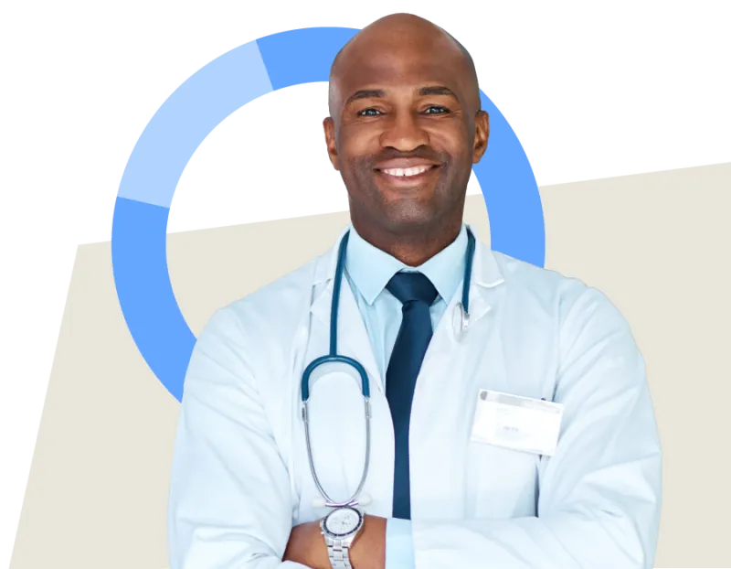 Person wearing a white lab coat and stethoscope, standing in front of abstract circular chart graphics in blue and light tones.