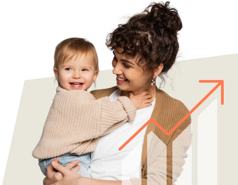 Adult holding a young child, positioned in front of an upward‑pointing arrow graphic and light abstract background.