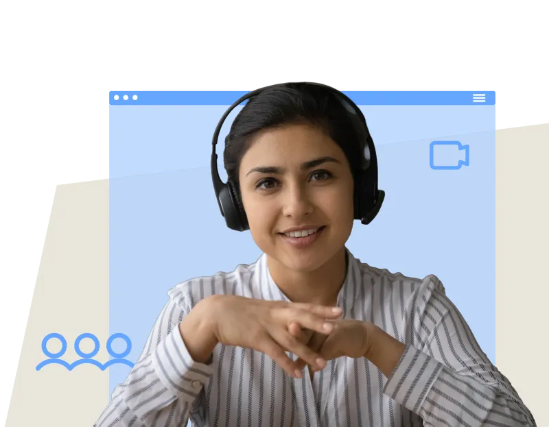 Person wearing a headset participates in a virtual meeting, shown in front of a stylized video call interface with camera and participant icons.