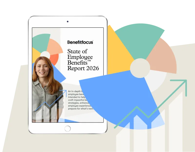 Tablet displaying the Benefitfocus State of Employee Benefits Report 2026, overlaid with colorful pie‑chart segments and an upward‑trending line graph.