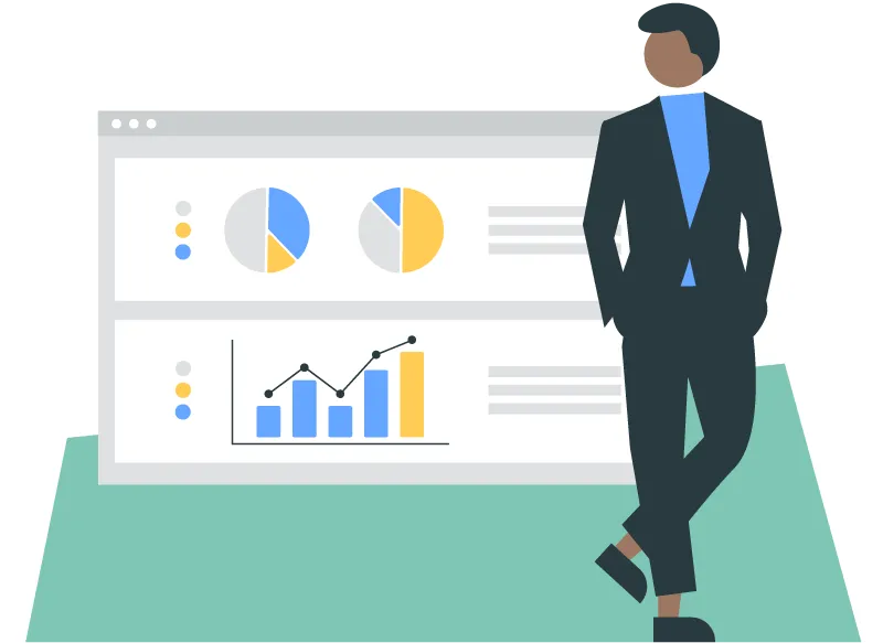 Animated man in front of large screen. Screen contains images of 2 pie charts and a bar chart.