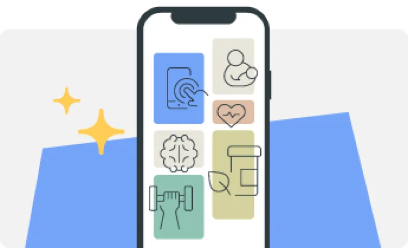 A phone screen showing 6 line drawings (a person touching a cell phone, a parent holding a child, a heart, a prescription, a hand holding a dumbbell, and genes) representing the partners of Benefitfocus.