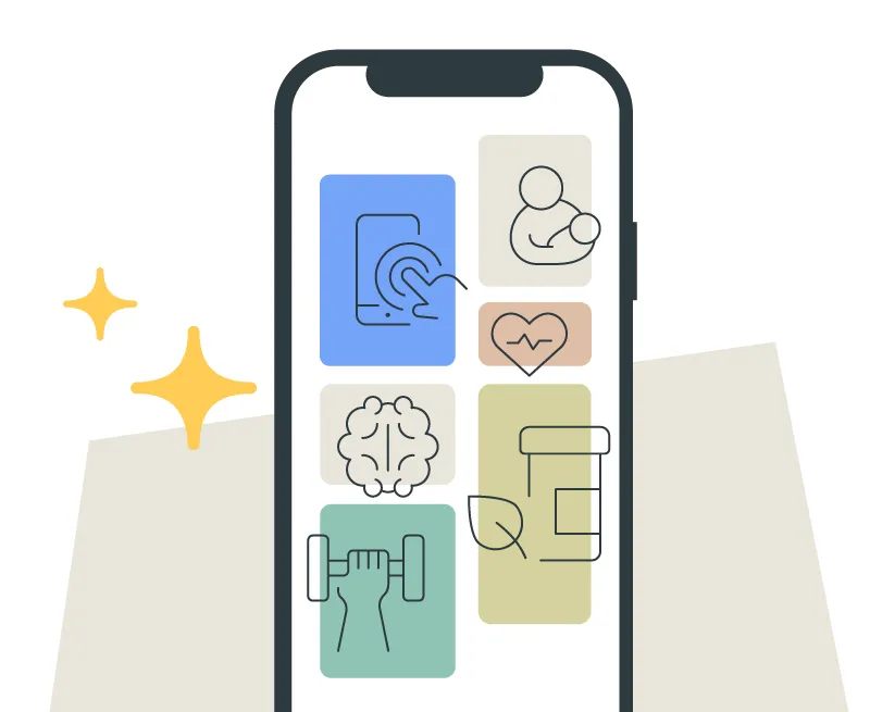Phone screen that shows multiple blocks. The blocks contain images of a person touching a phone screen, a parent holding a baby, a heart, a prescription bottle, and a hand holding a dumbbell.