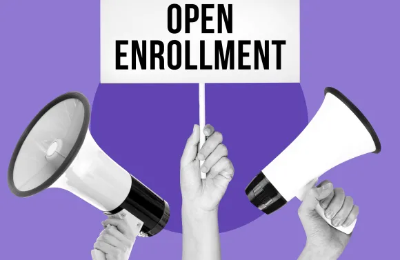 Open enrollment sign and megaphones