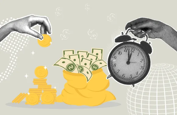 Coins, money bags, and a clock symbolizing saving and time management