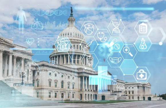 U.S. Capitol building with medical and scientific icons overlayed, symbolizing healthcare policy