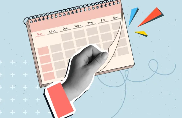 Hand flipping a calendar page with Sunday highlighted in red, set against a light blue abstract background.