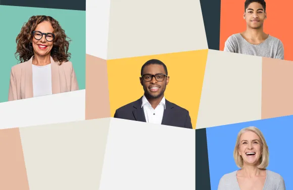 Collage of four professional individuals in business and casual attire, arranged in geometric panels with colorful backgrounds including green, orange, yellow, and blue, representing a diverse team concept.