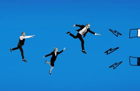 Business professionals being attracted to a large magnet, symbolizing customer acquisition and retention on a bright blue background.