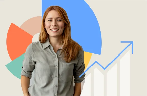 Professional standing in front of colorful circular data charts and an upward arrow graph, representing insights, analytics, and growth.