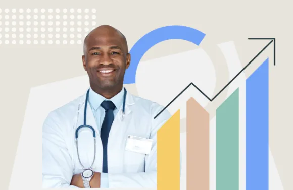 Illustration showing a healthcare professional silhouette in front of charts and an upward trend representing rising costs and performance insights.