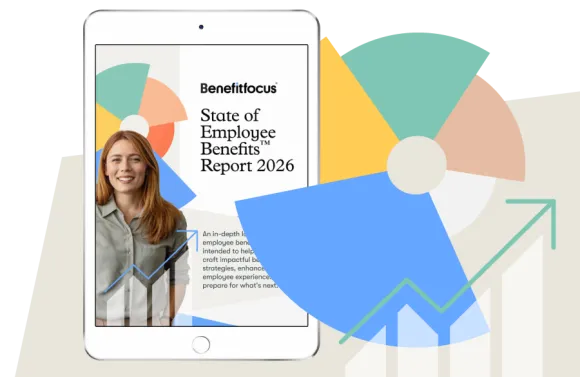 Tablet displaying the Benefitfocus State of Employee Benefits Report 2026, overlaid with colorful pie‑chart segments and an upward‑trending line graph.