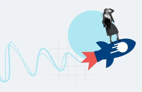 Person standing on an upward-moving rocket alongside a rising line graph, representing the open enrollment countdown from early planning through engagement to measurable results.