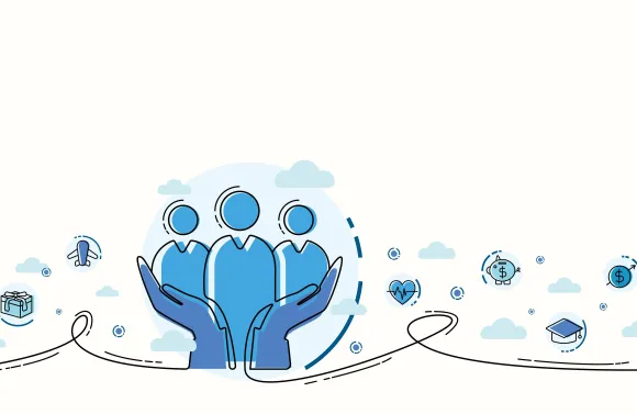 Illustration of three employees supported by hands, surrounded by icons representing health, finance, and education benefits.