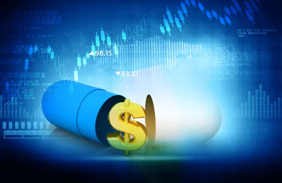 Illustration of a prescription capsule containing a dollar symbol with financial charts and market data in the background, representing pharmacy benefit manager compensation, drug pricing transparency, and healthcare costs.