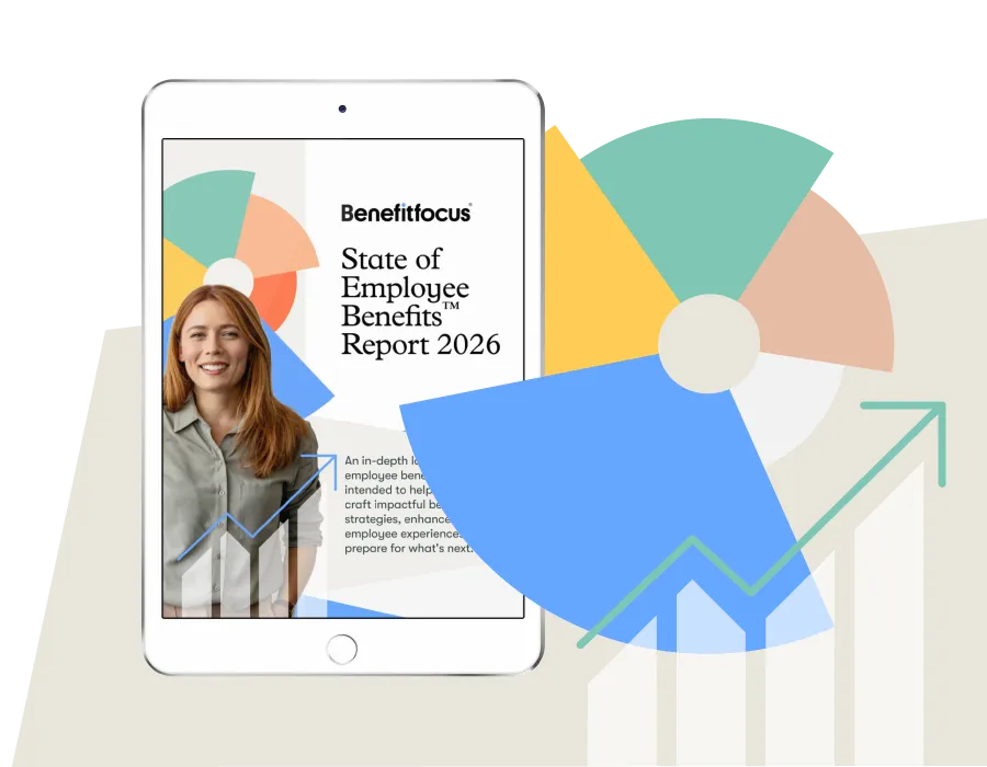 Tablet displaying the Benefitfocus State of Employee Benefits Report 2026, overlaid with colorful pie‑chart segments and an upward‑trending line graph.