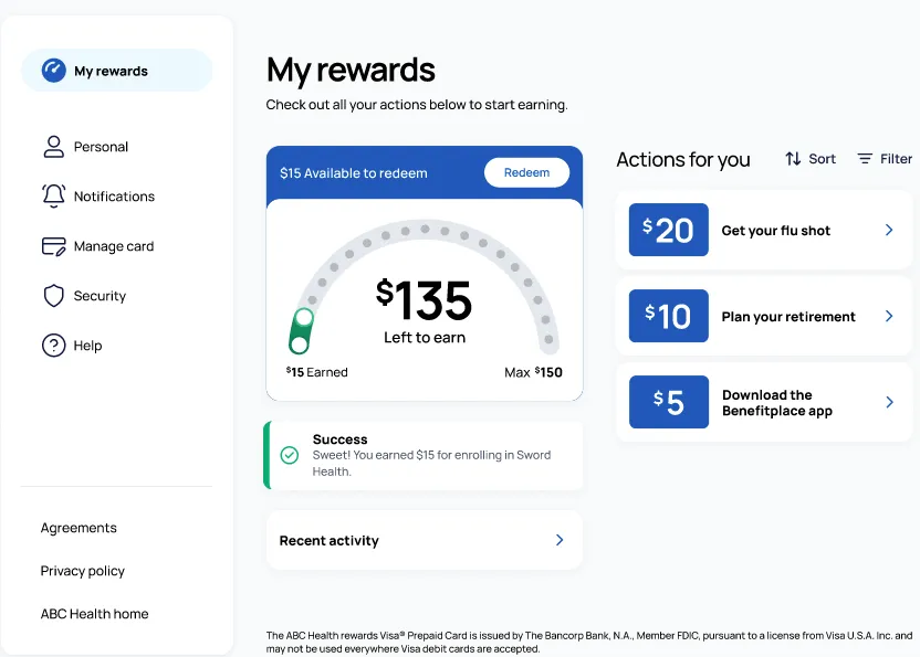 Rewards dashboard showing progress toward earning incentives. The page displays $135 left to earn out of a $150 goal, $15 already earned, a success message for enrolling in Sword Health, and available reward activities including getting a flu shot ($20), planning for retirement ($10), and downloading the Benefitplace app ($5).