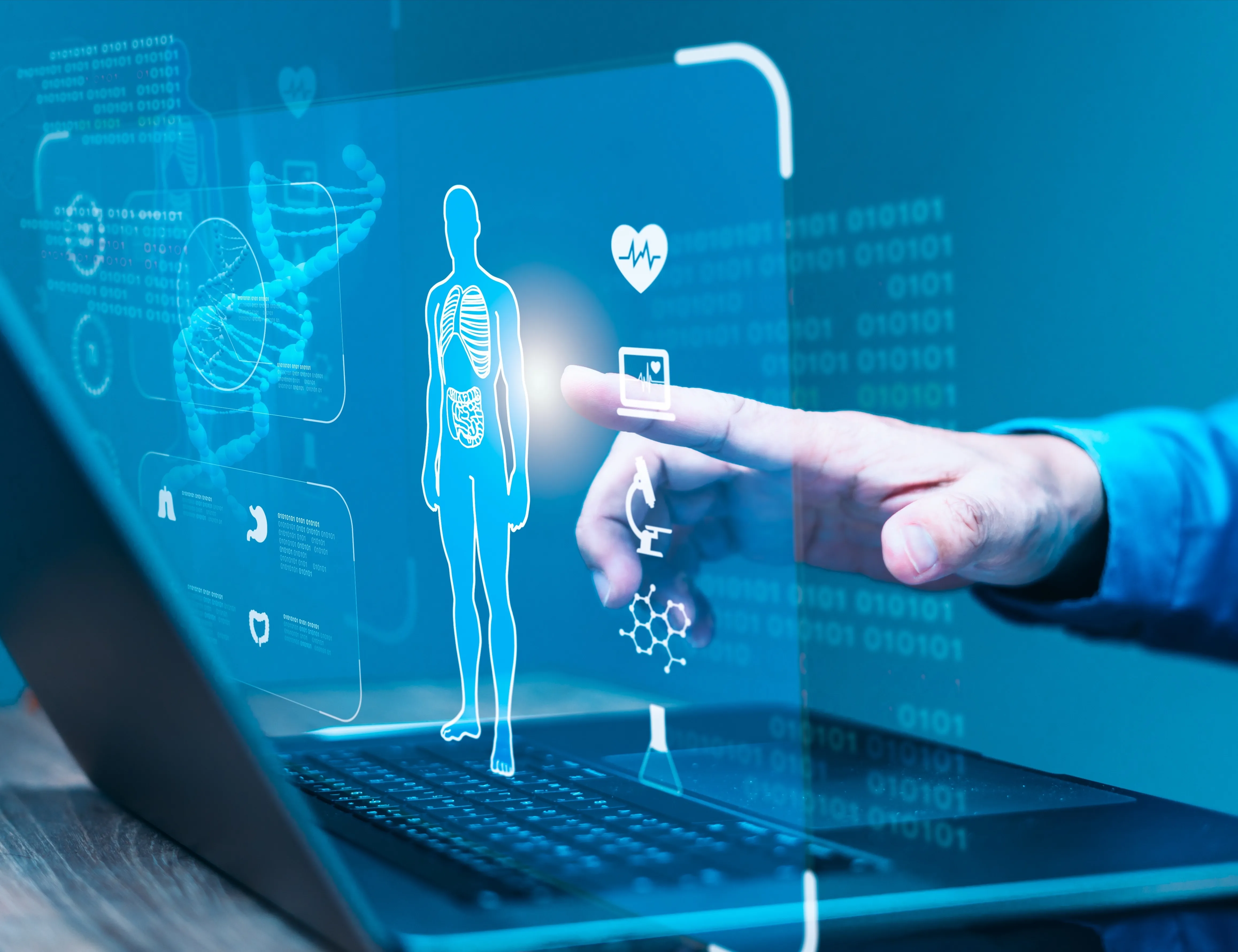 Image of a laptop with graphics of the human body and other animated overlays.