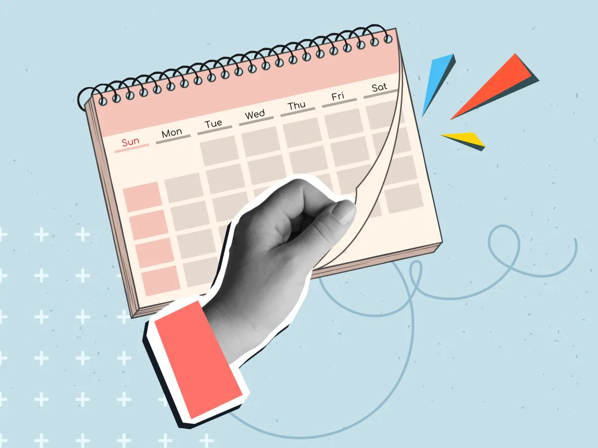 Hand flipping a calendar page with Sunday highlighted in red, set against a light blue abstract background.