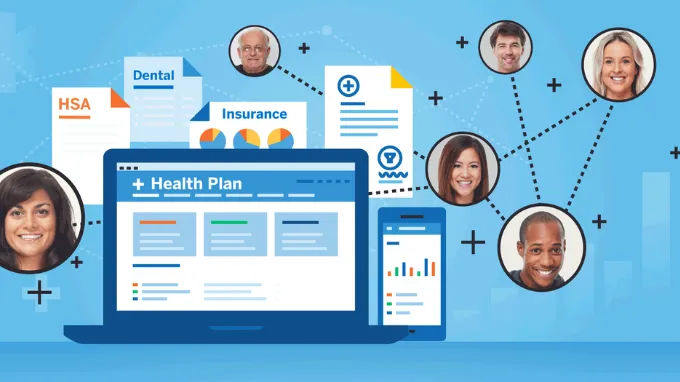 Illustration of a digital health plan platform connecting employee benefits, insurance data, and plan analytics to support informed health plan design decisions.