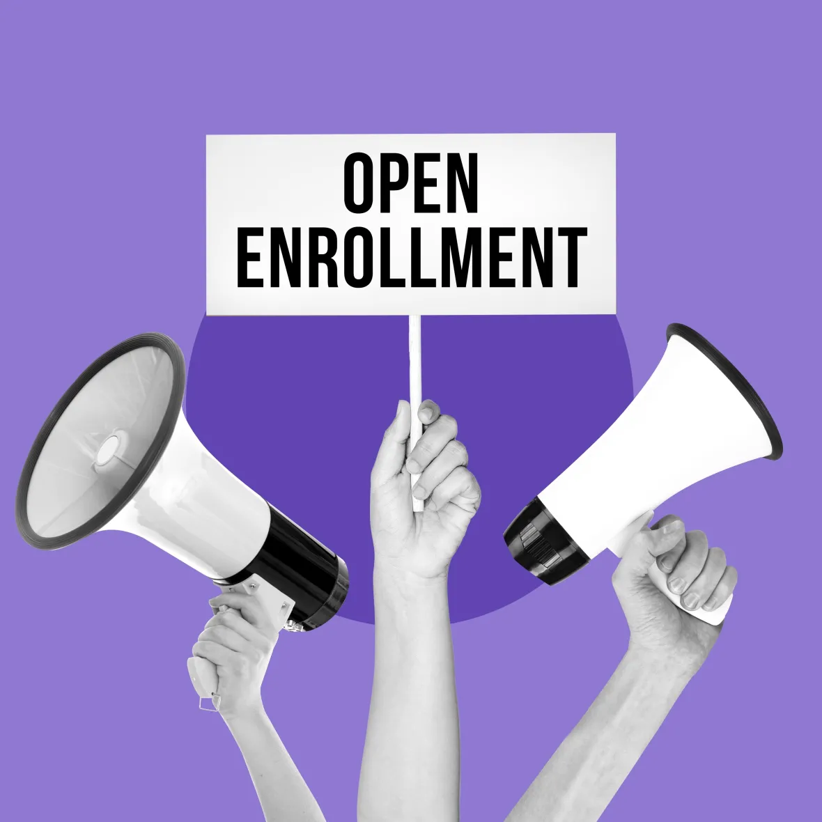 Open enrollment sign and megaphones