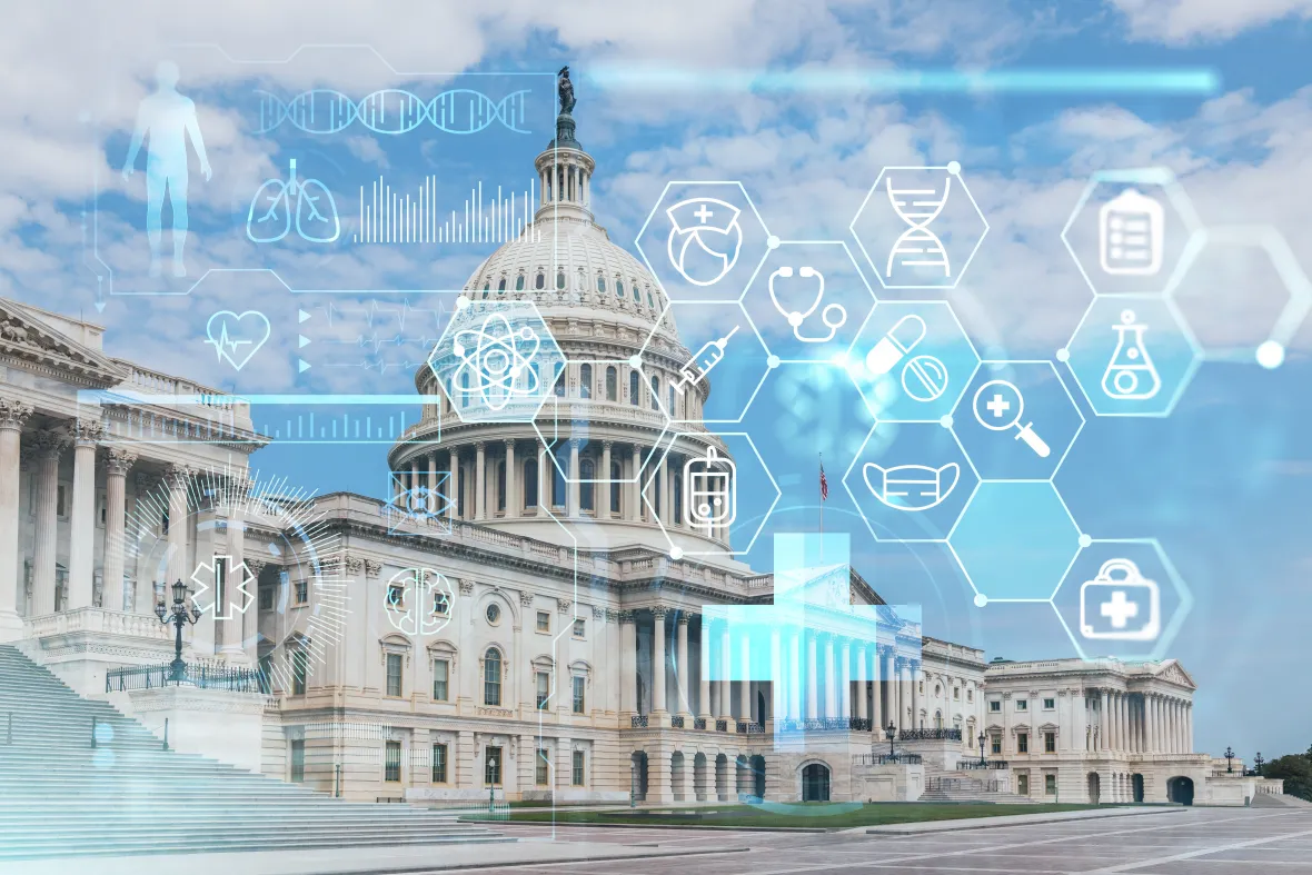 U.S. Capitol building with medical and scientific icons overlayed, symbolizing healthcare policy