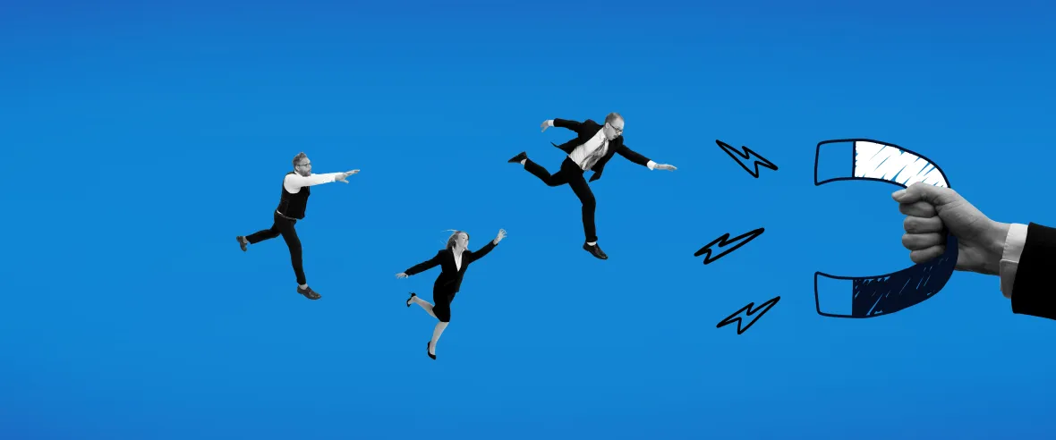 Business professionals being attracted to a large magnet, symbolizing customer acquisition and retention on a bright blue background.