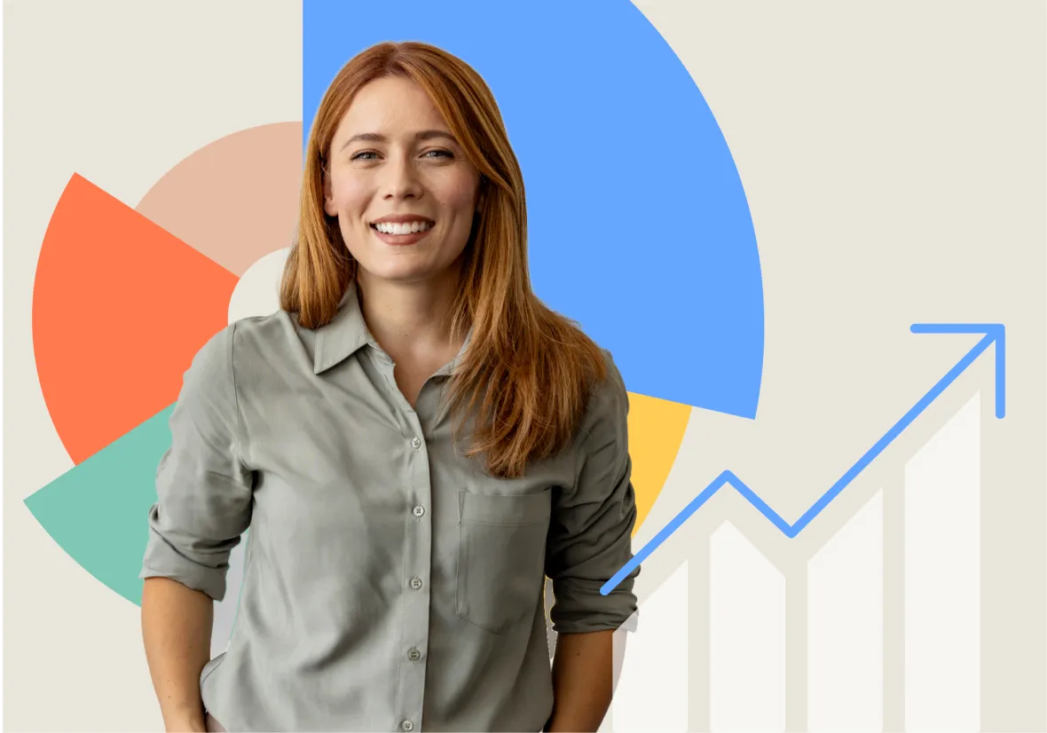 Professional standing in front of colorful circular data charts and an upward arrow graph, representing insights, analytics, and growth.