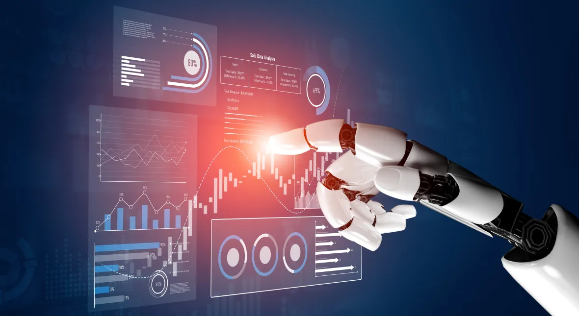 Abstract illustration showing data dashboards and analytics transforming into actionable insights through intelligent systems.