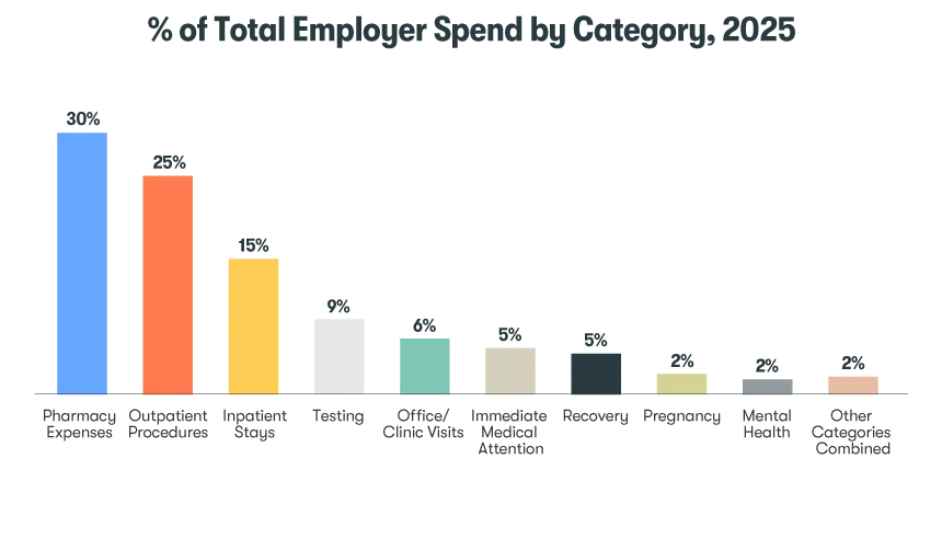 Bar chart showing employer health spend in 2025, led by pharmacy expenses (30%), outpatient procedures (25%), and inpatient stays (15%), with all other categories each under 10%.
