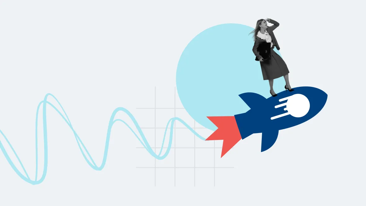 Person standing on an upward-moving rocket alongside a rising line graph, representing the open enrollment countdown from early planning through engagement to measurable results.