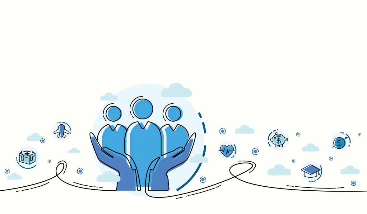 Illustration of three employees supported by hands, surrounded by icons representing health, finance, and education benefits.