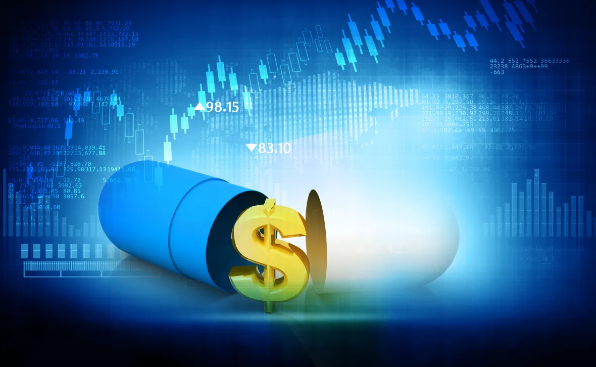 Illustration of a prescription capsule containing a dollar symbol with financial charts and market data in the background, representing pharmacy benefit manager compensation, drug pricing transparency, and healthcare costs.